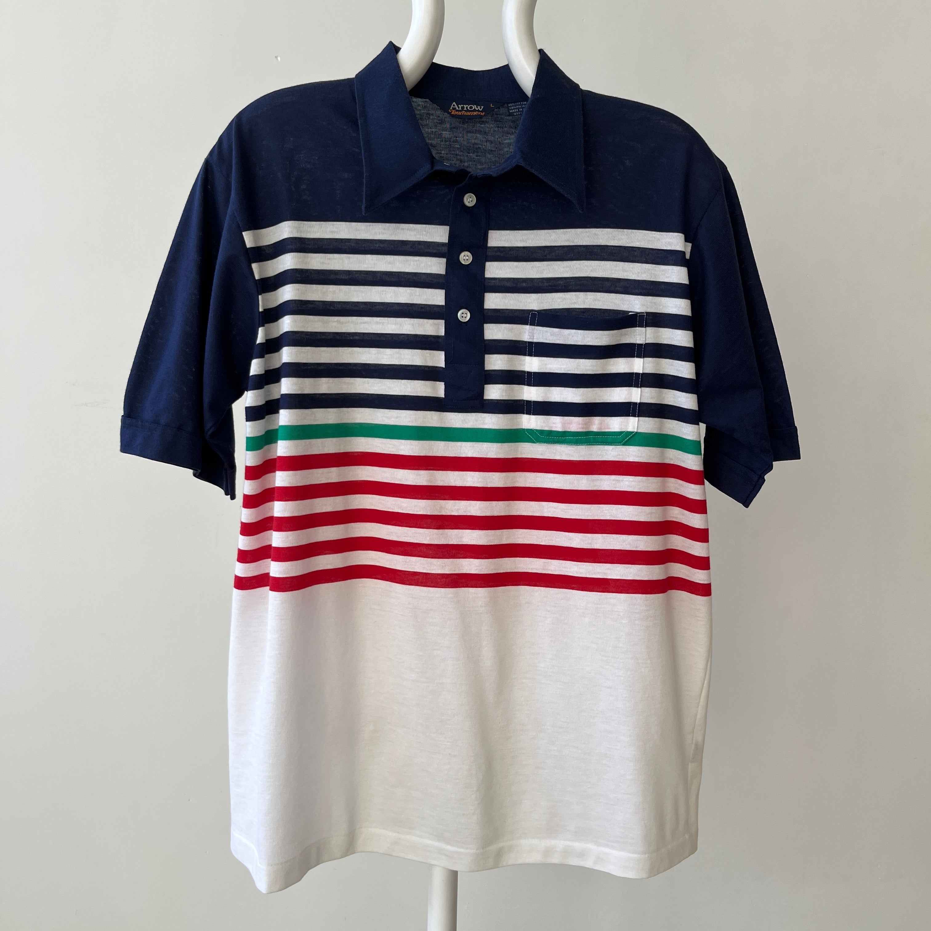 1990s Navy Striped Polo Style Shirt