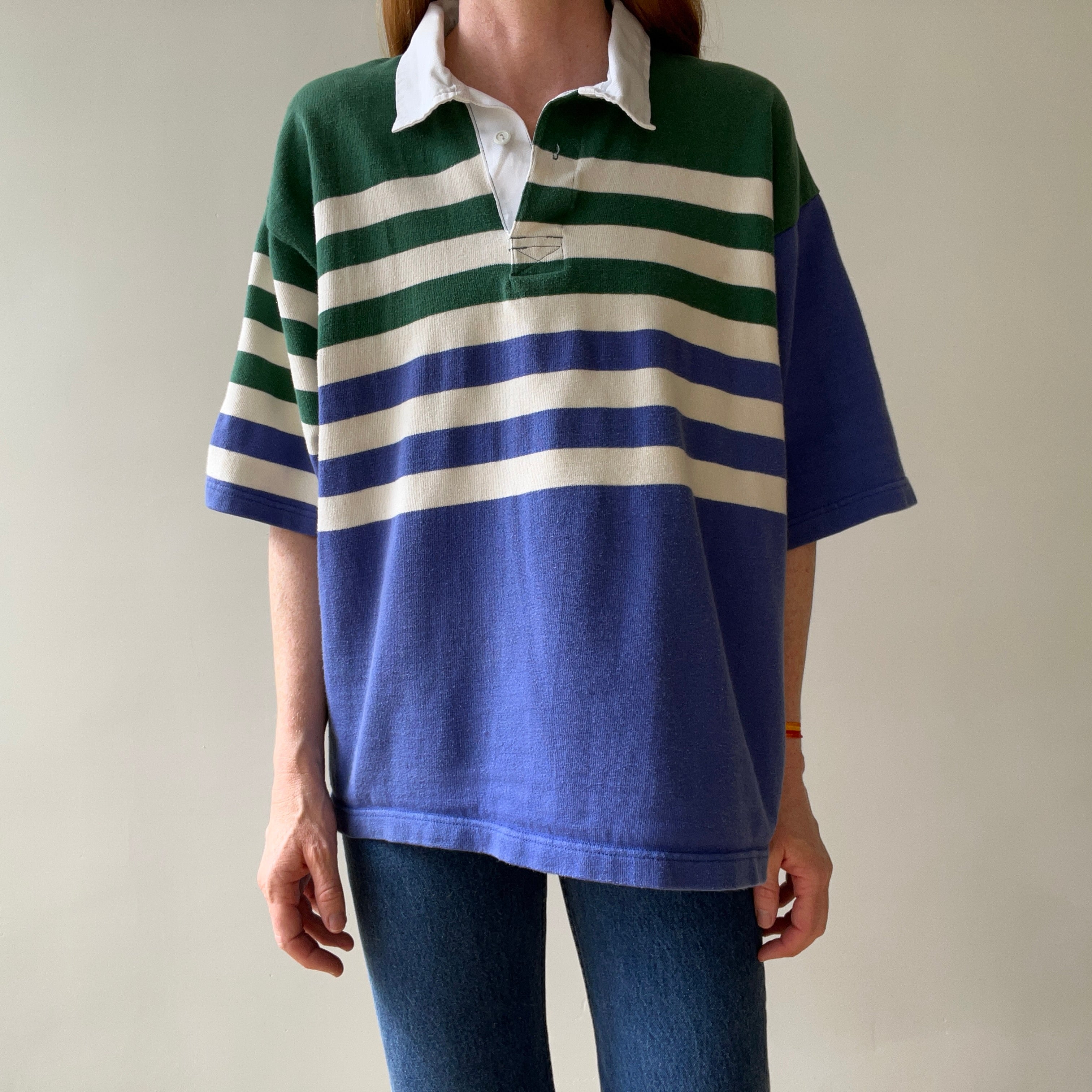 1990s Navy And Green Striped Three Quarter Sleeve Rugby T Shirt