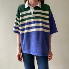 1990s Navy And Green Striped Three Quarter Sleeve Rugby T Shirt