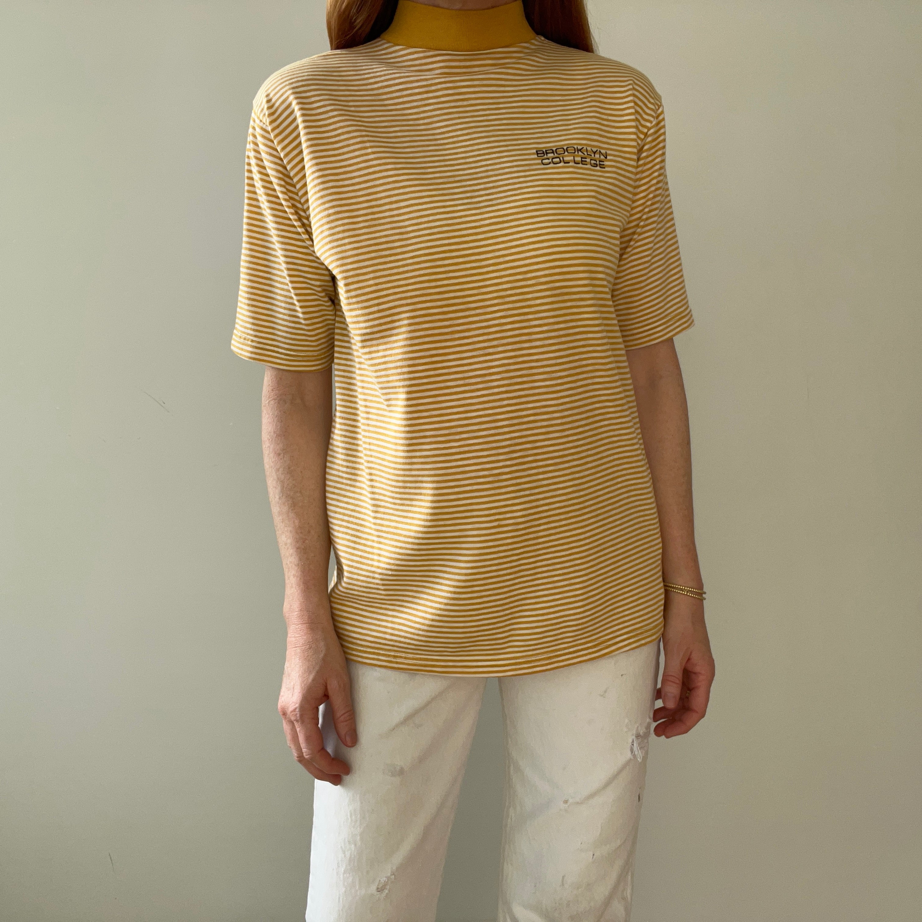 1980s Brooklyn College Mustard Yellow Striped Mock Neck T Shirt