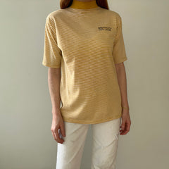 1980s Brooklyn College Mustard Yellow Striped Mock Neck T Shirt
