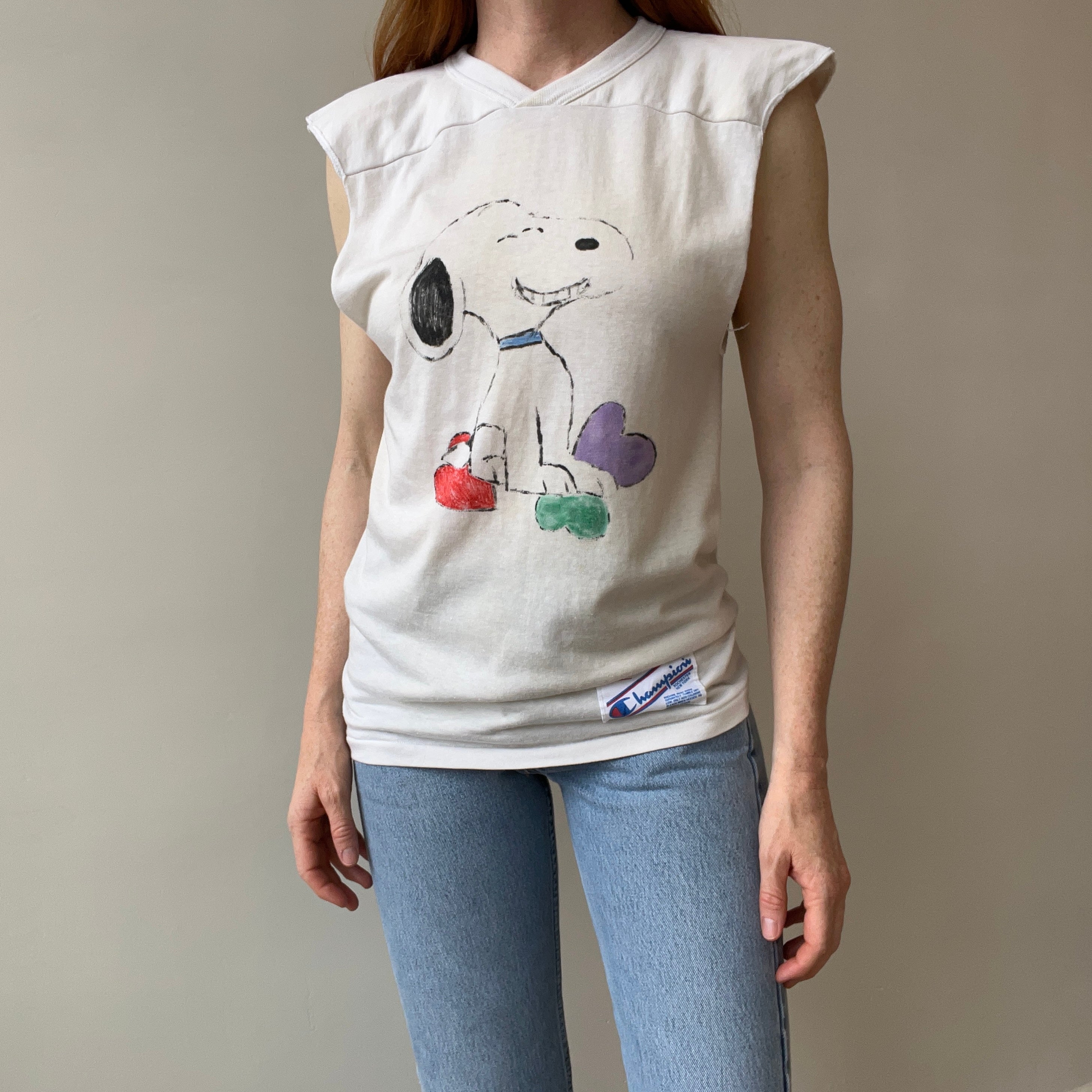 1970s Snoop Dog :) Snoopy DIY Drawn Cut Sleeve USA Made Champion Brand Football Shirt - WOW