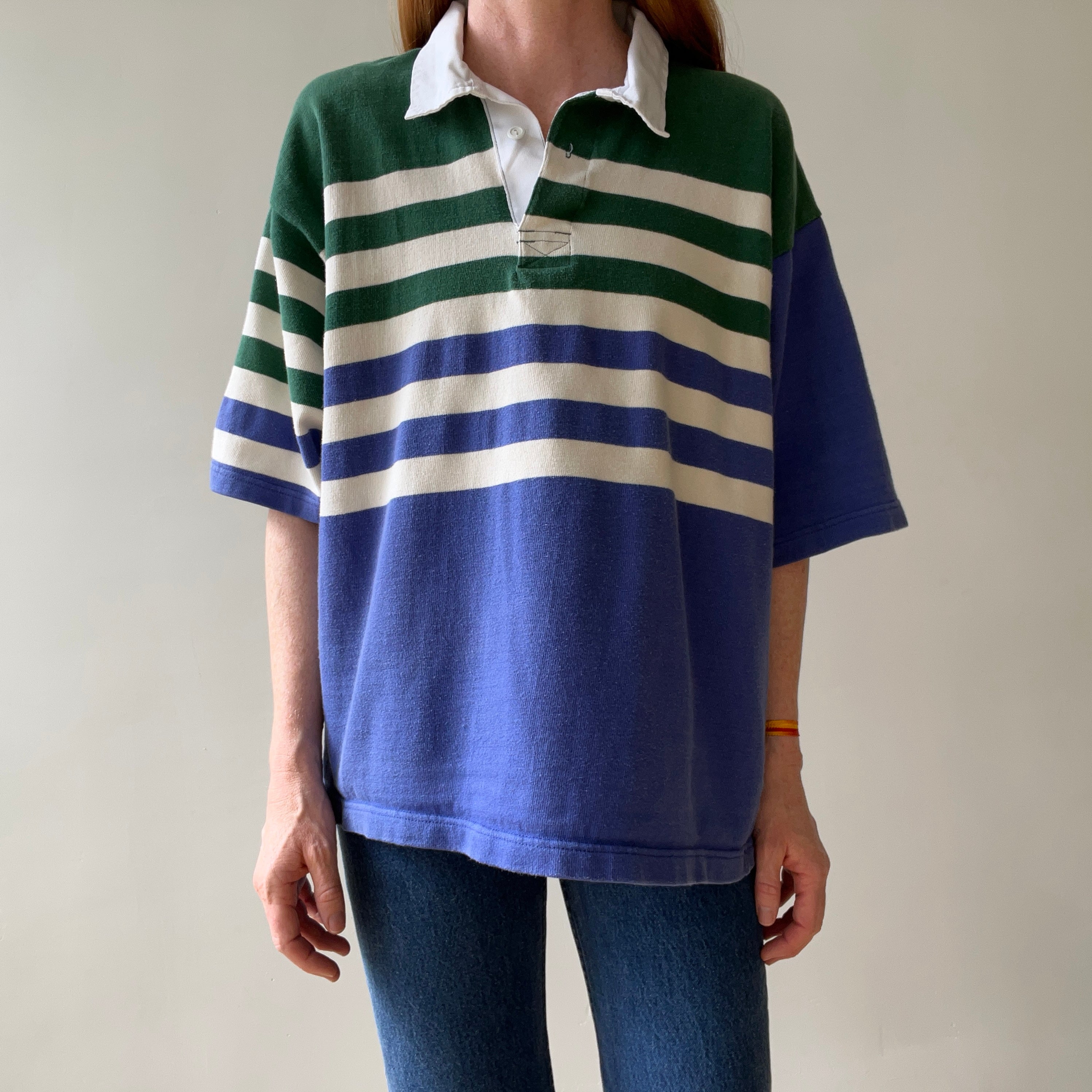 1990s Navy And Green Striped Three Quarter Sleeve Rugby T Shirt