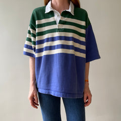 1990s Navy And Green Striped Three Quarter Sleeve Rugby T Shirt