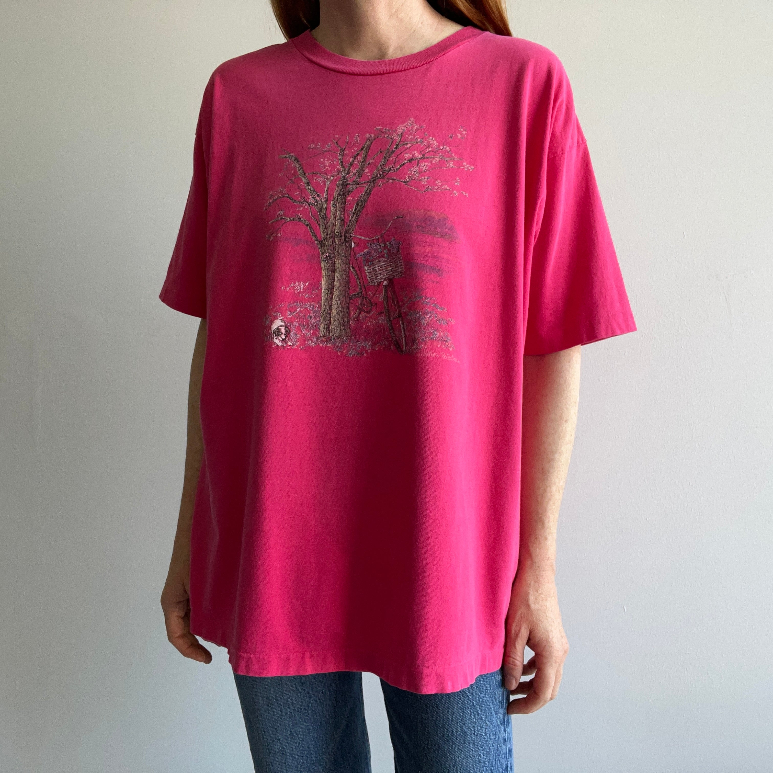 1980s Cherry Blossoms, a Pupper and a Bike Cotton T-Shirt