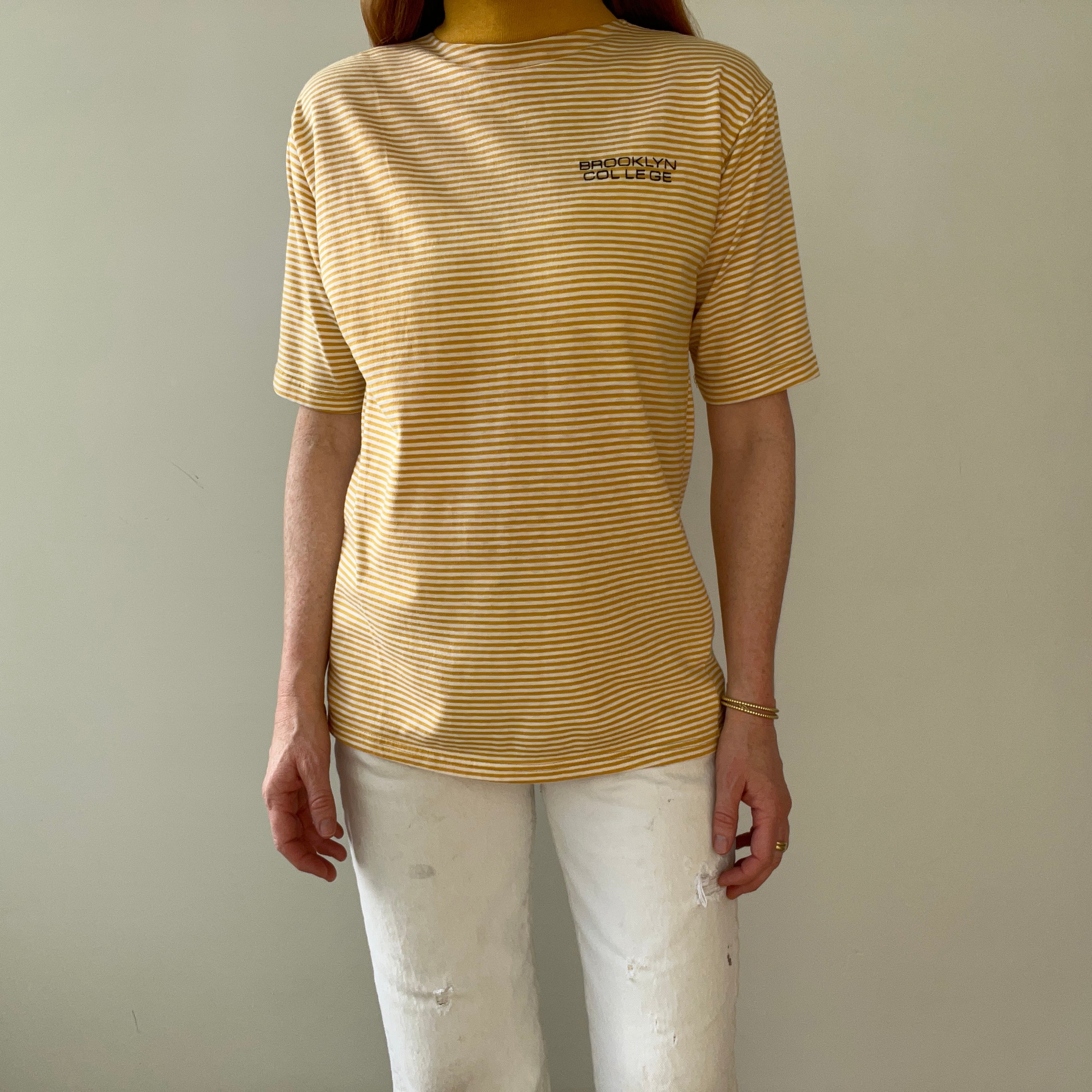 1980s Brooklyn College Mustard Yellow Striped Mock Neck T Shirt