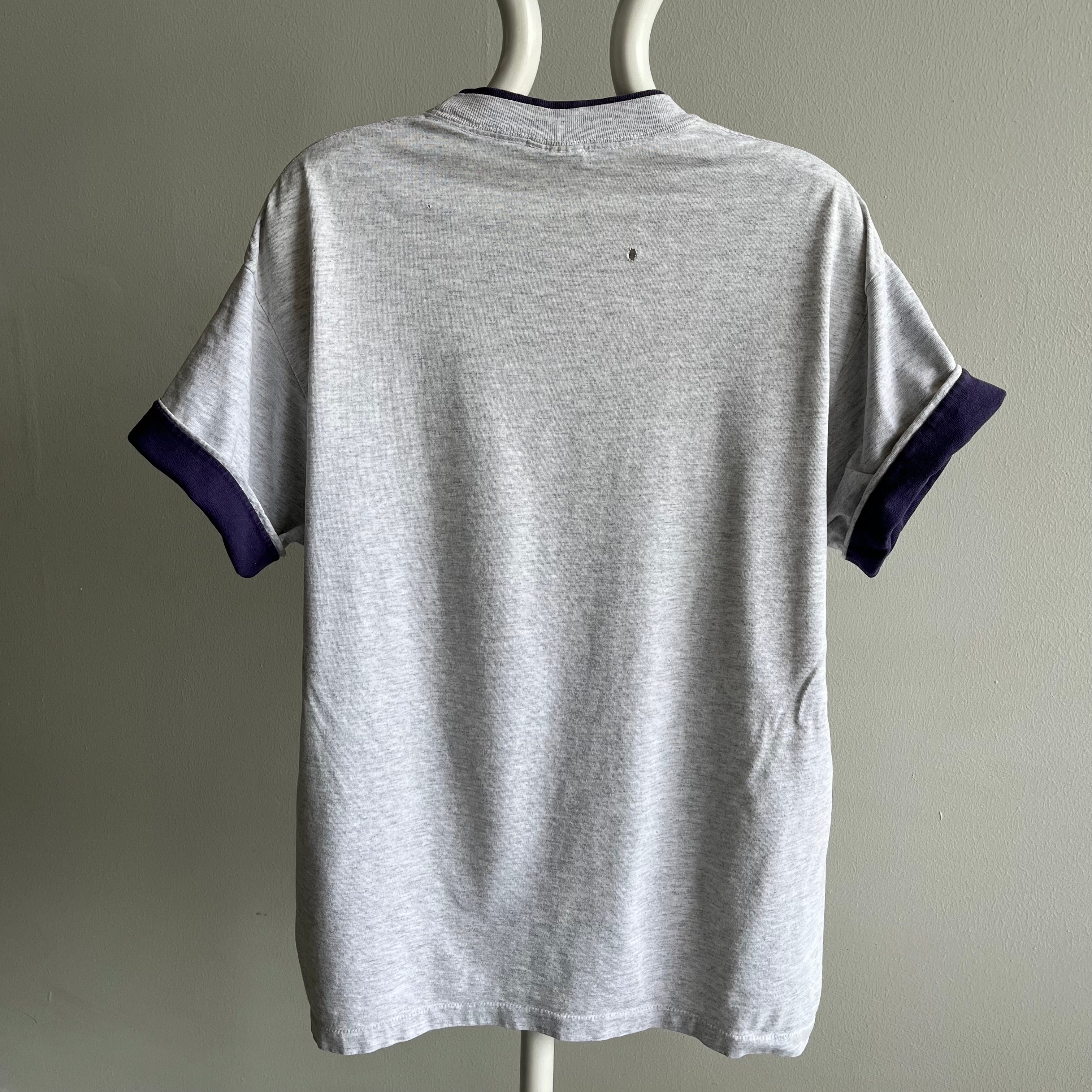 1980s Signal Brand Two Tone Roll Up Sleeve Blank Cotton T-SHirt