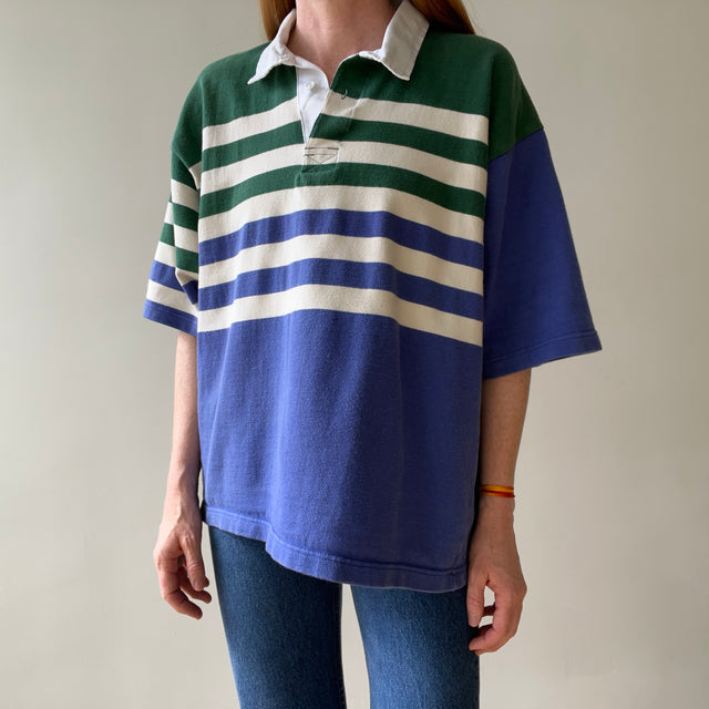 1990s Navy And Green Striped Three Quarter Sleeve Rugby T Shirt
