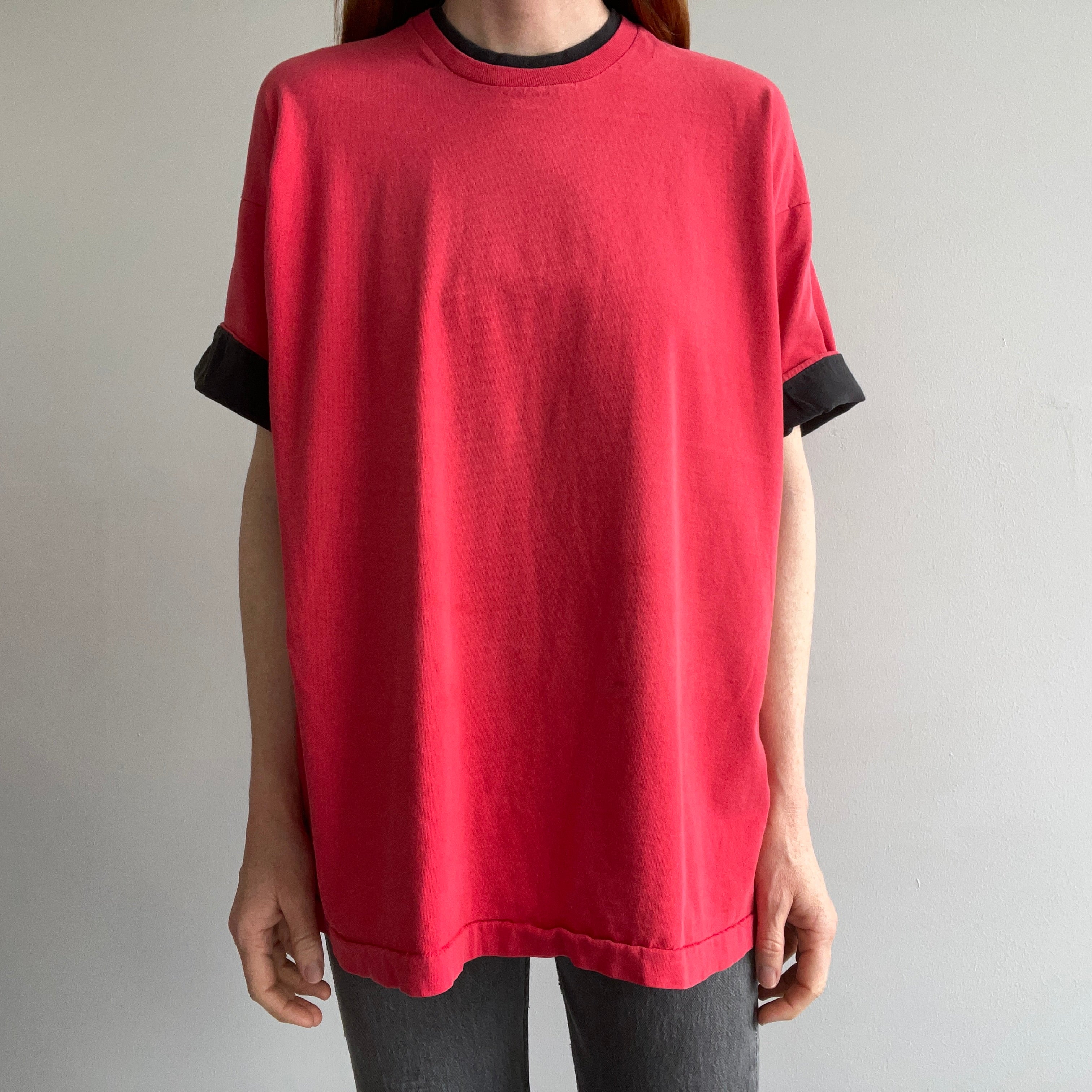 1980s Faded Soft and Worn Two Tone Red and Black T-shirt