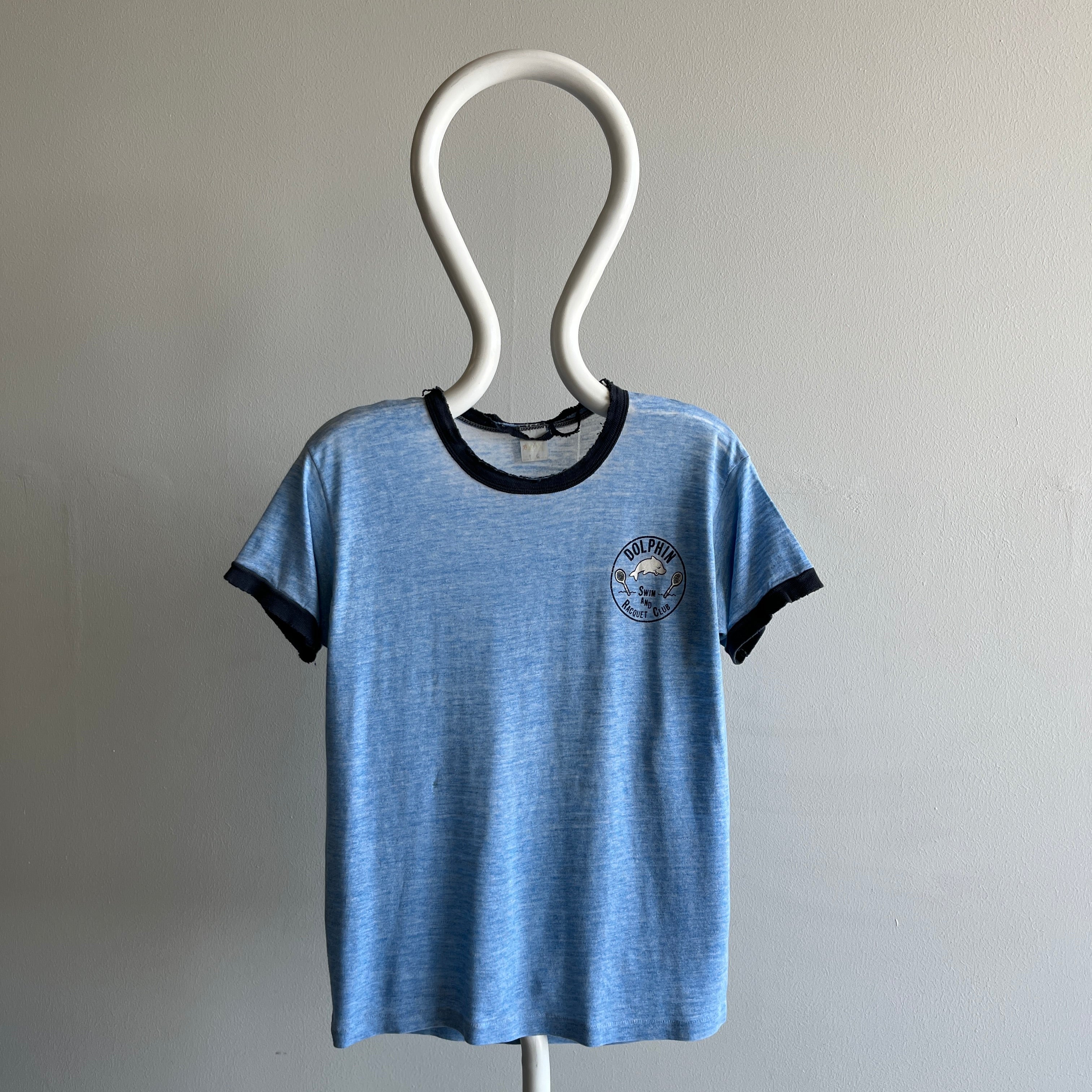 1970s Tissue Paper Thin and Shredded Dolphin Swim and Racquet Club Ring T-Shirt