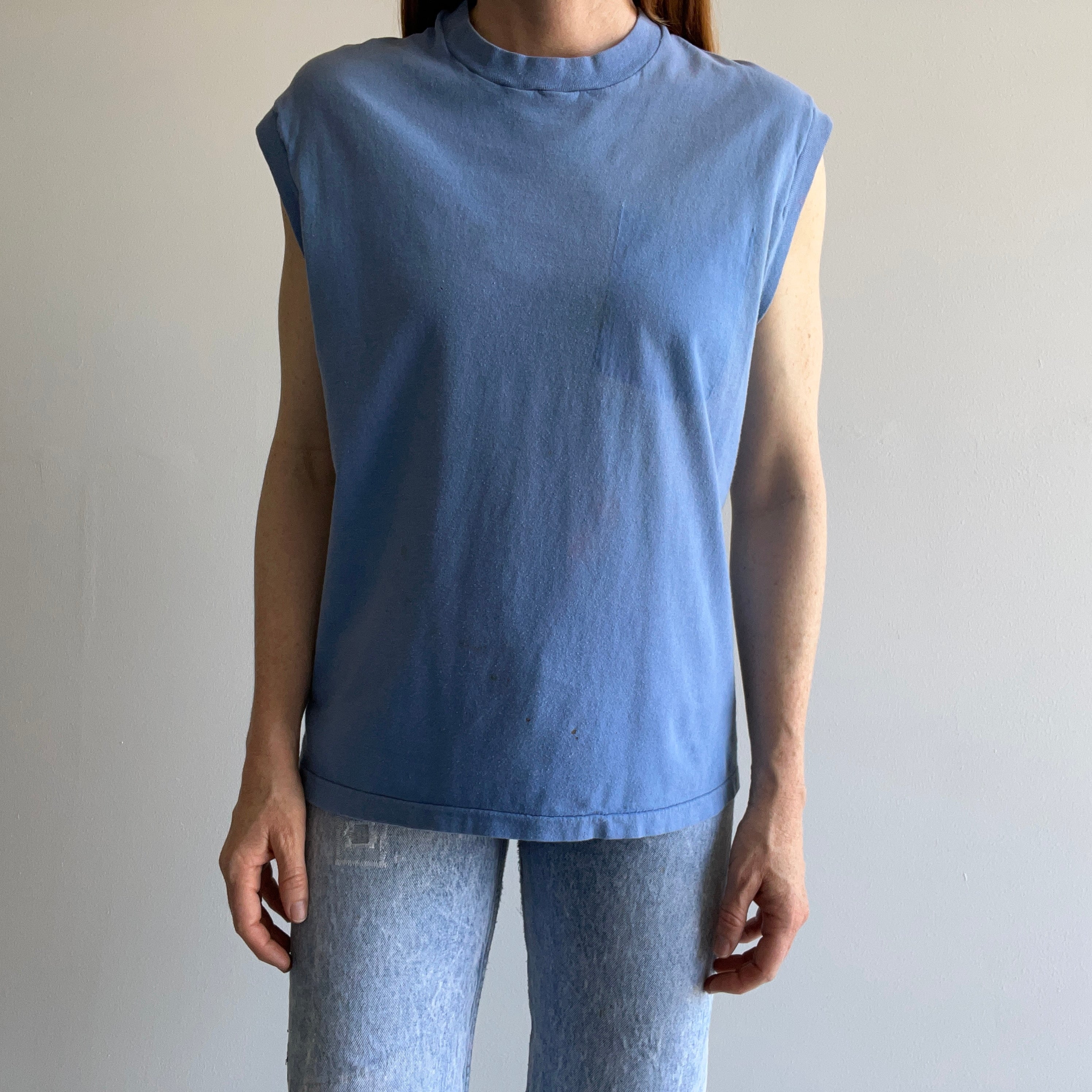 1980s Faded Sky Blue Muscle Tank with Pocket Removed - Yes Please