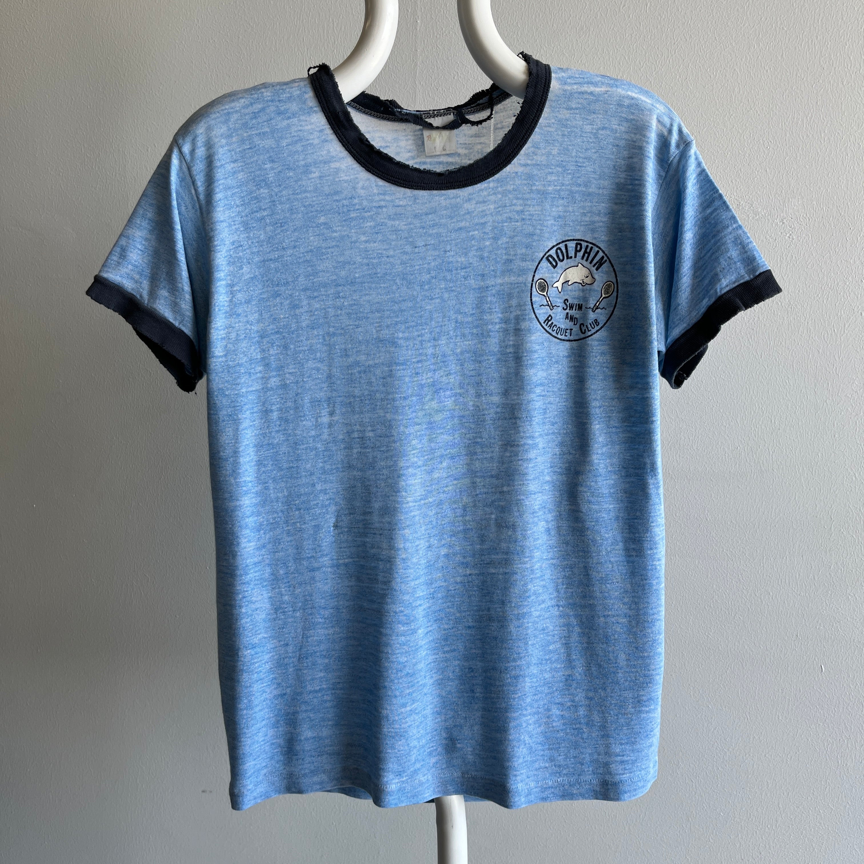 1970s Tissue Paper Thin and Shredded Dolphin Swim and Racquet Club Ring T-Shirt