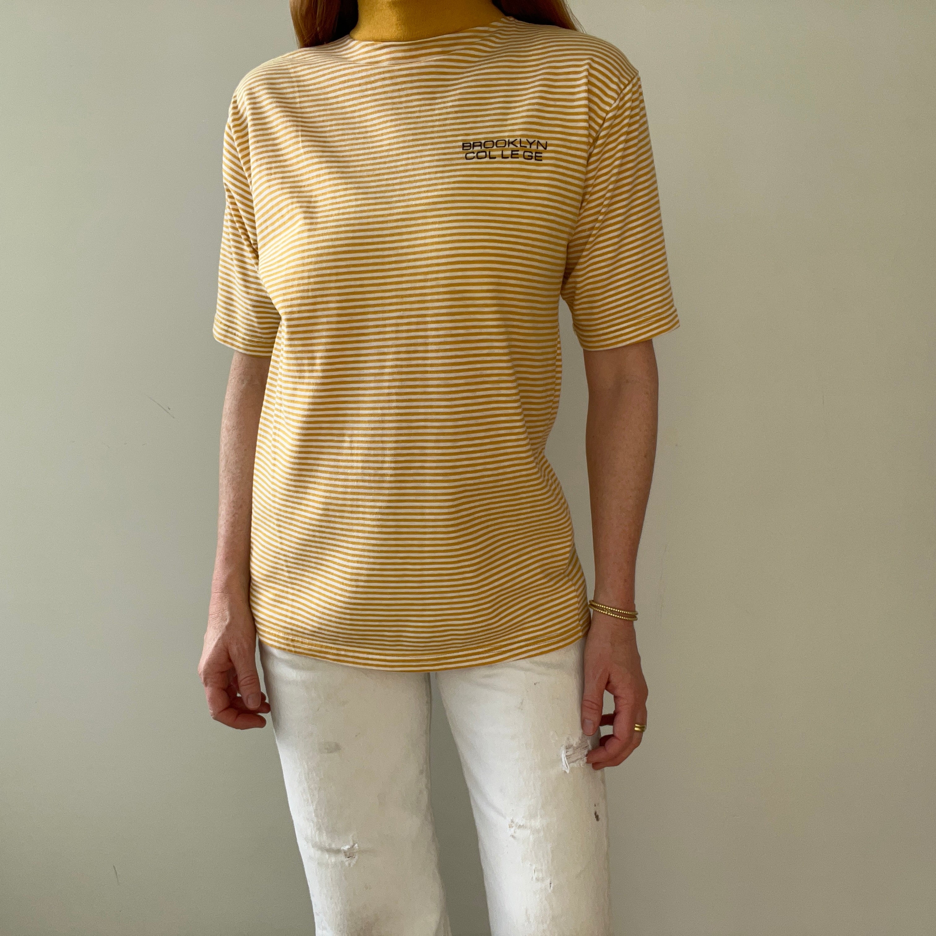 1980s Brooklyn College Mustard Yellow Striped Mock Neck T Shirt