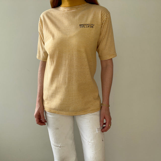 1980s Brooklyn College Mustard Yellow Striped Mock Neck T Shirt