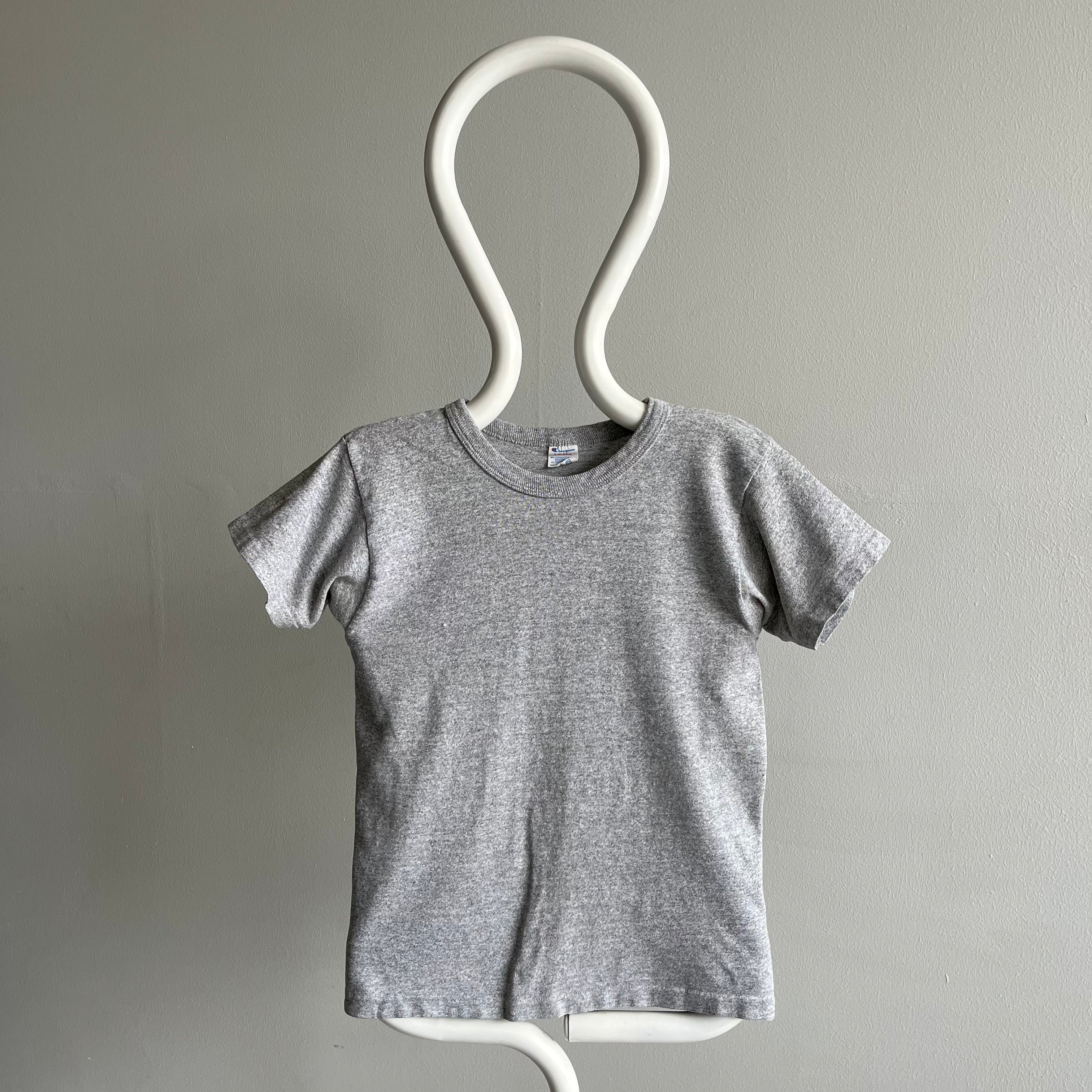 1970/80s Blank Gray USA Made Champion Brand Cotton T-Shirt with Rolled Neck