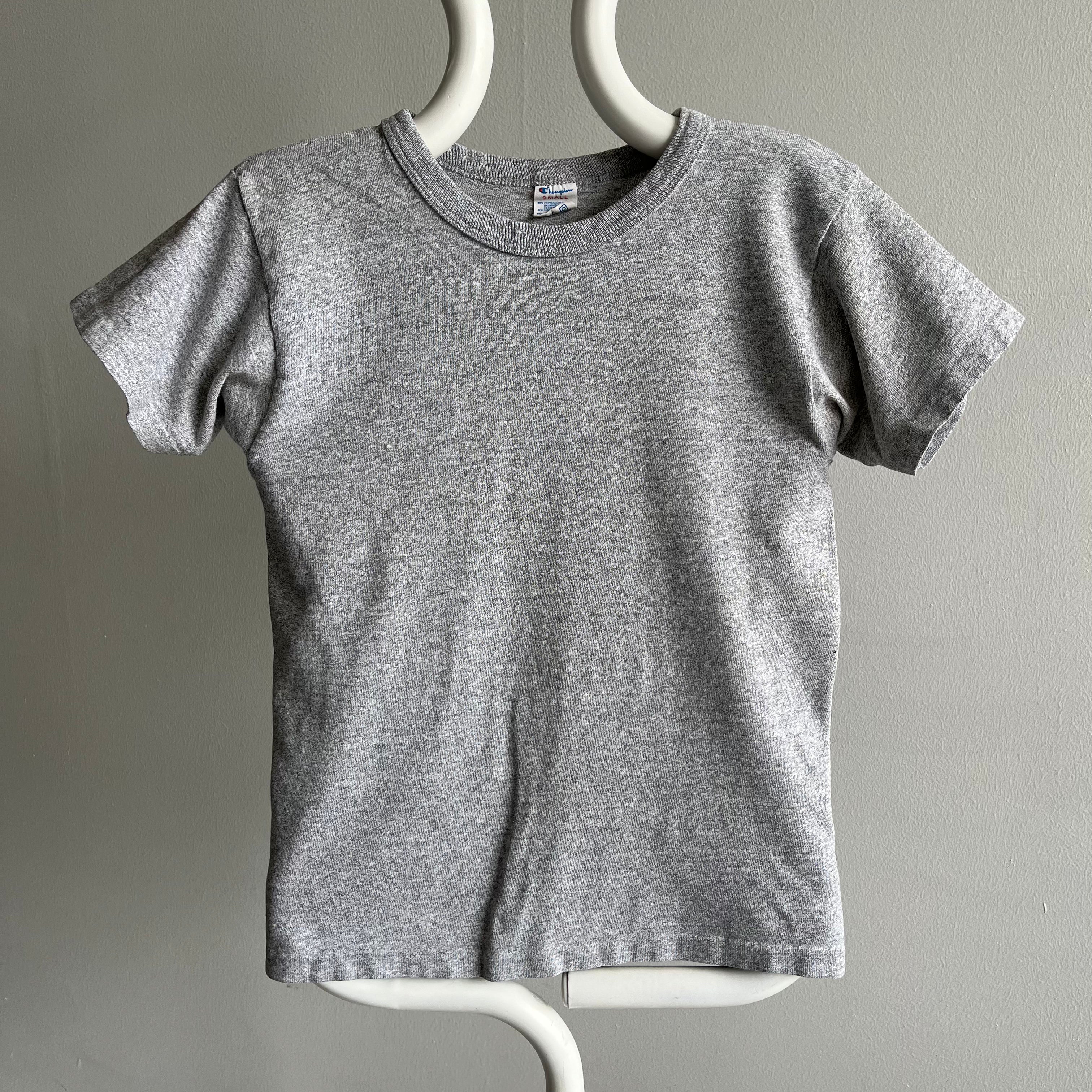 1970/80s Blank Gray USA Made Champion Brand Cotton T-Shirt with Rolled Neck