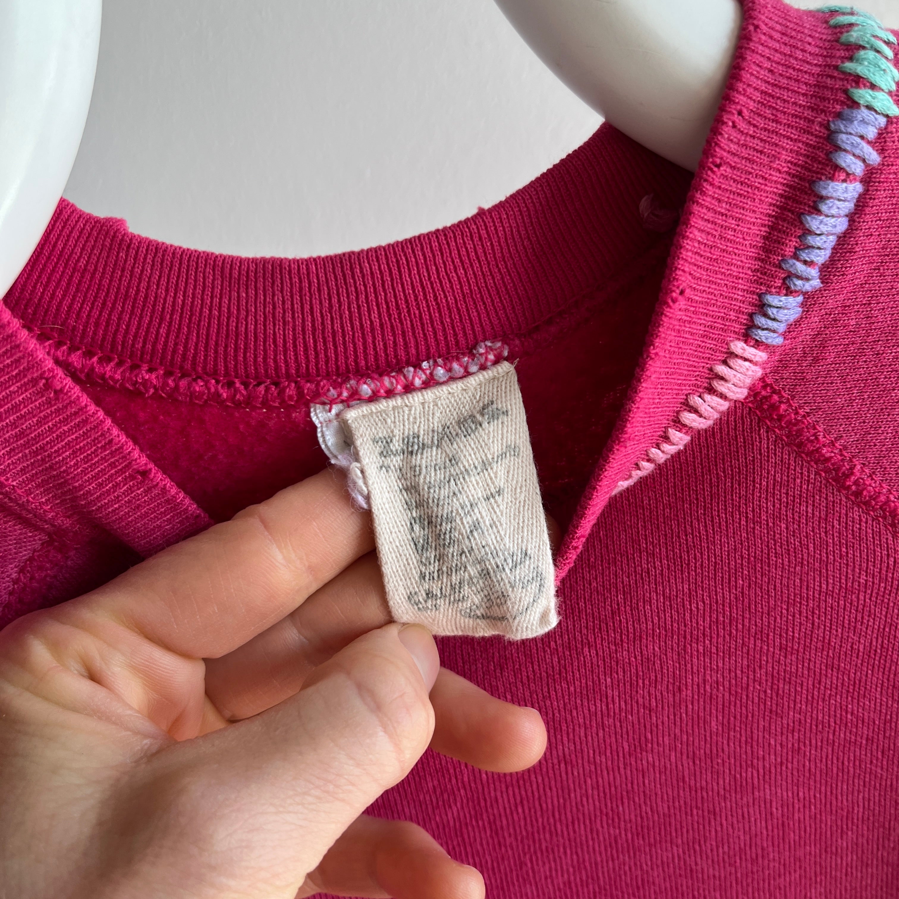 1980s DIY Hand Mended Tattered Hot Pink Sweatshirt