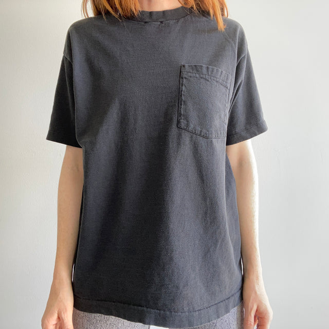1980s Paint and Oil Stained Blank Black FOTL Cotton Pocket T-Shirt