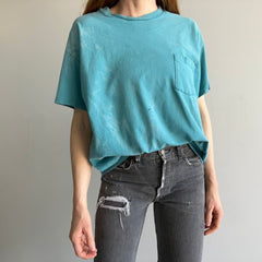 1990/2000s Bleach Stained and Tattered Teal Pocket T-Shirt