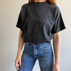 1990s Faded Black Semi Mock Neck T-Shirt - Boxy