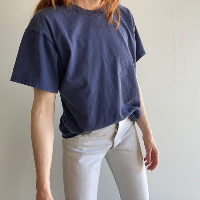 T-shirt en coton bleu marine délavé des années 1990 - Grandes manches blousantes
