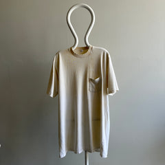 1990s Very Long Aged Ecru/White Pocket T-Shirt Dress?