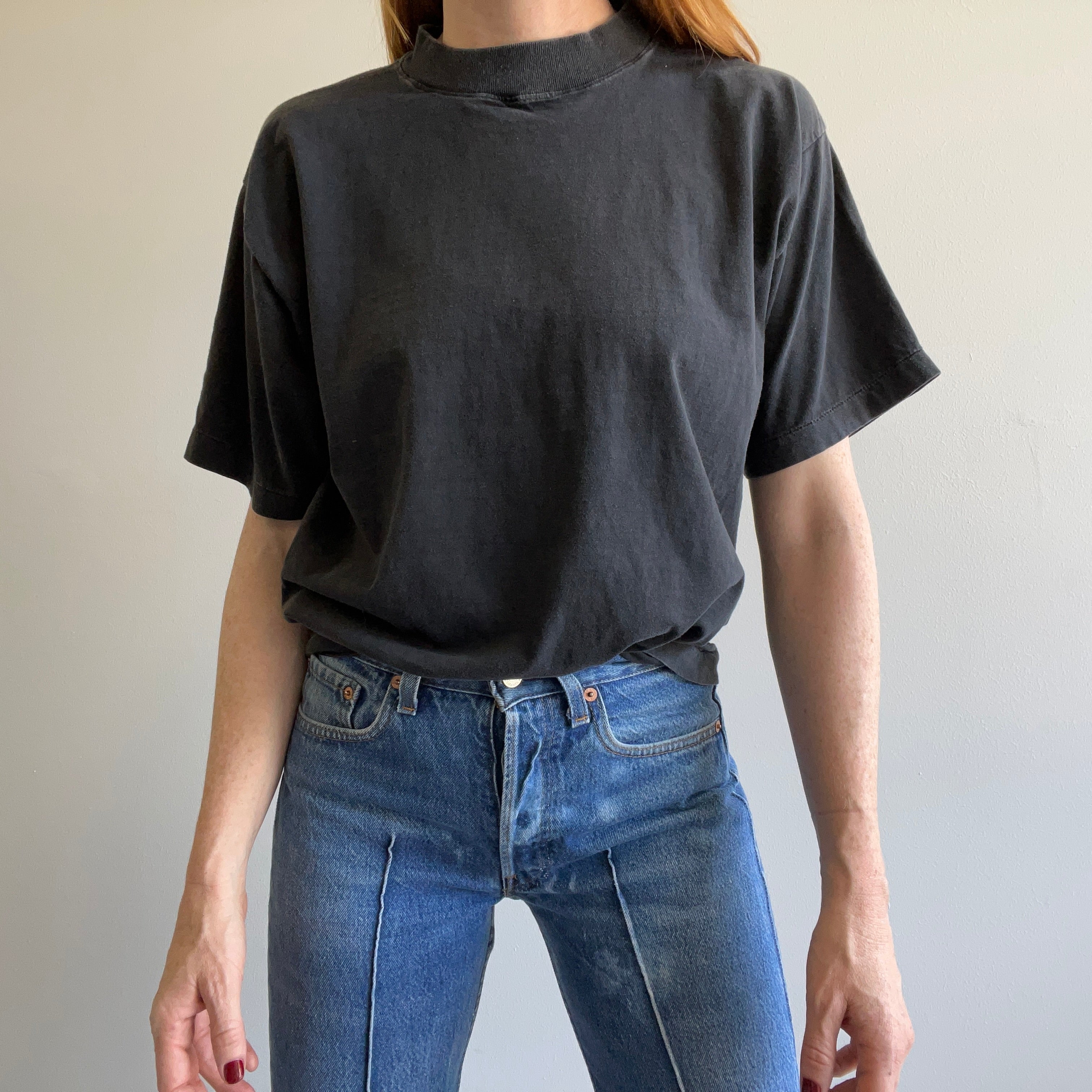 1990s Faded Black Semi Mock Neck T-Shirt - Boxy