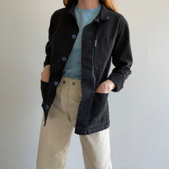 1990s Overdyed Black Chore Coat with Blue Stitching and Buttons