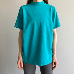 1990s Heavyweight Cotton Mock Neck Turquoise T-Shirt