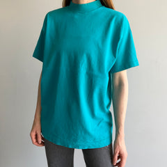 1990s Heavyweight Cotton Mock Neck Turquoise T-Shirt