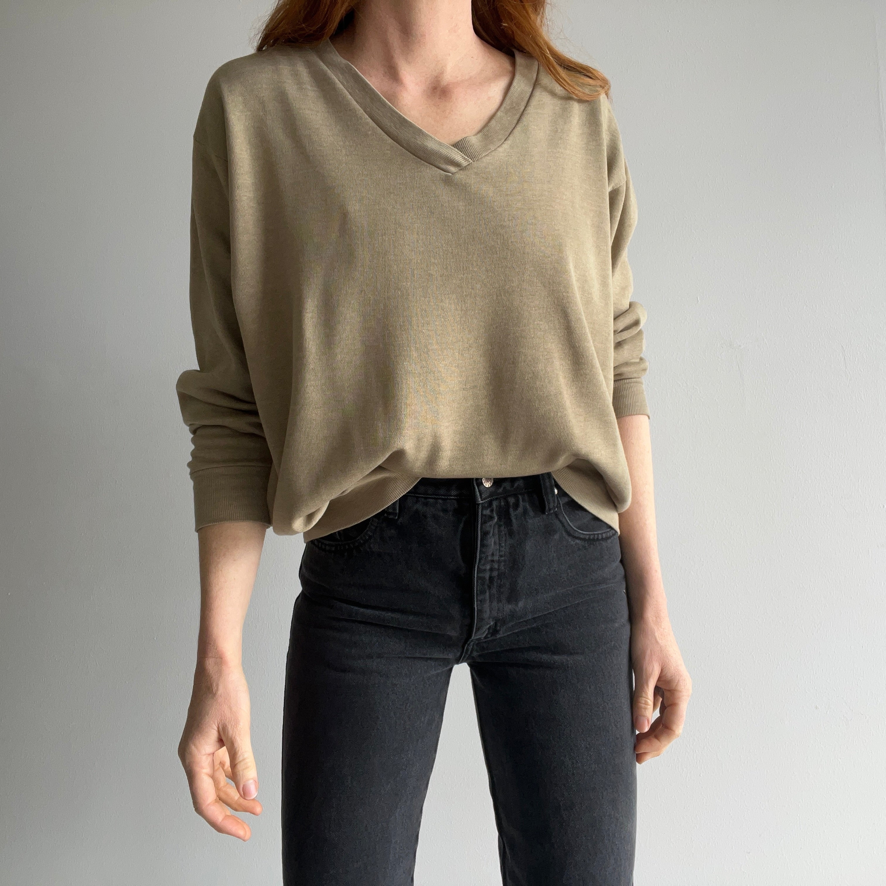 1970s Spruce Khaki V-Neck Sweatshirt