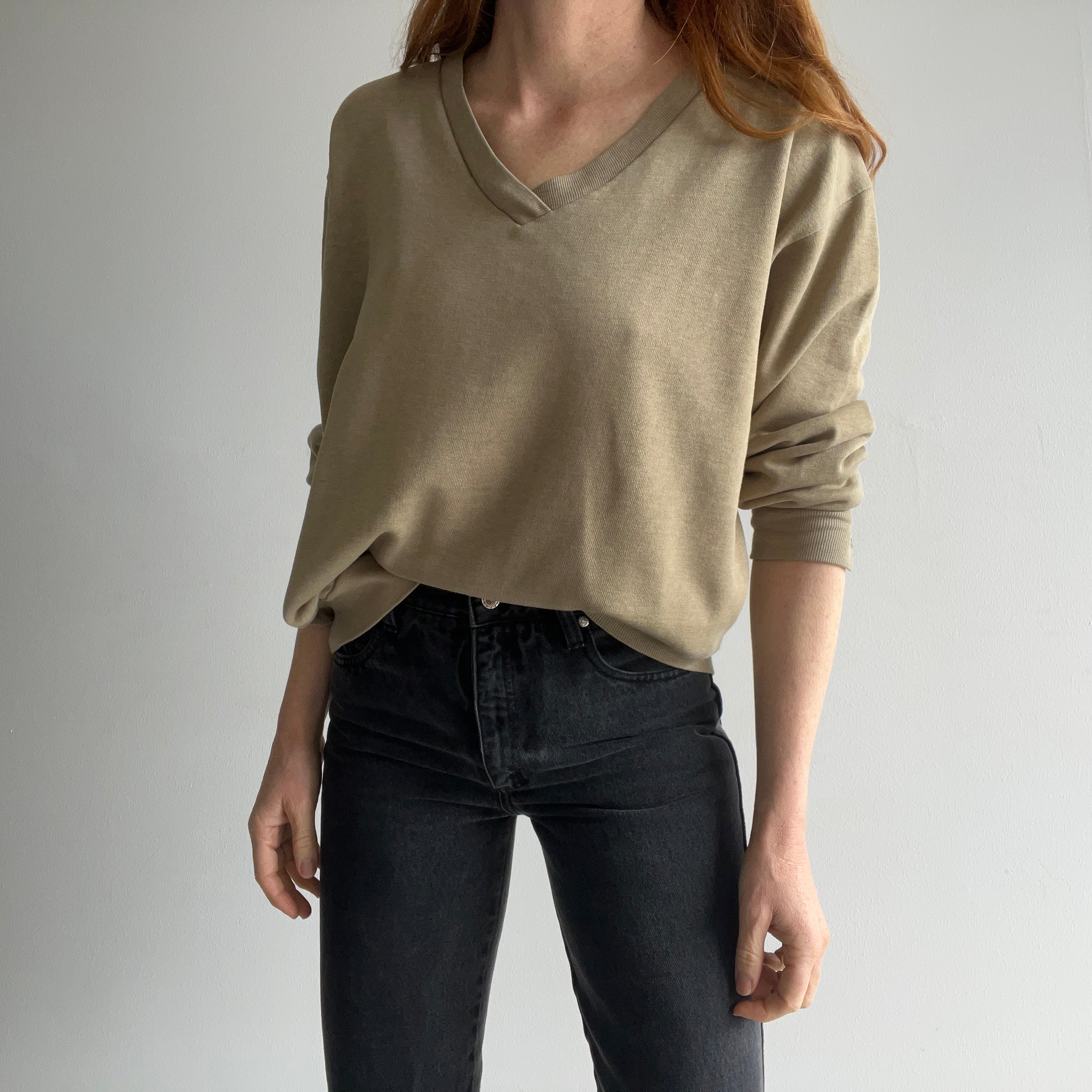 1970s Spruce Khaki V-Neck Sweatshirt