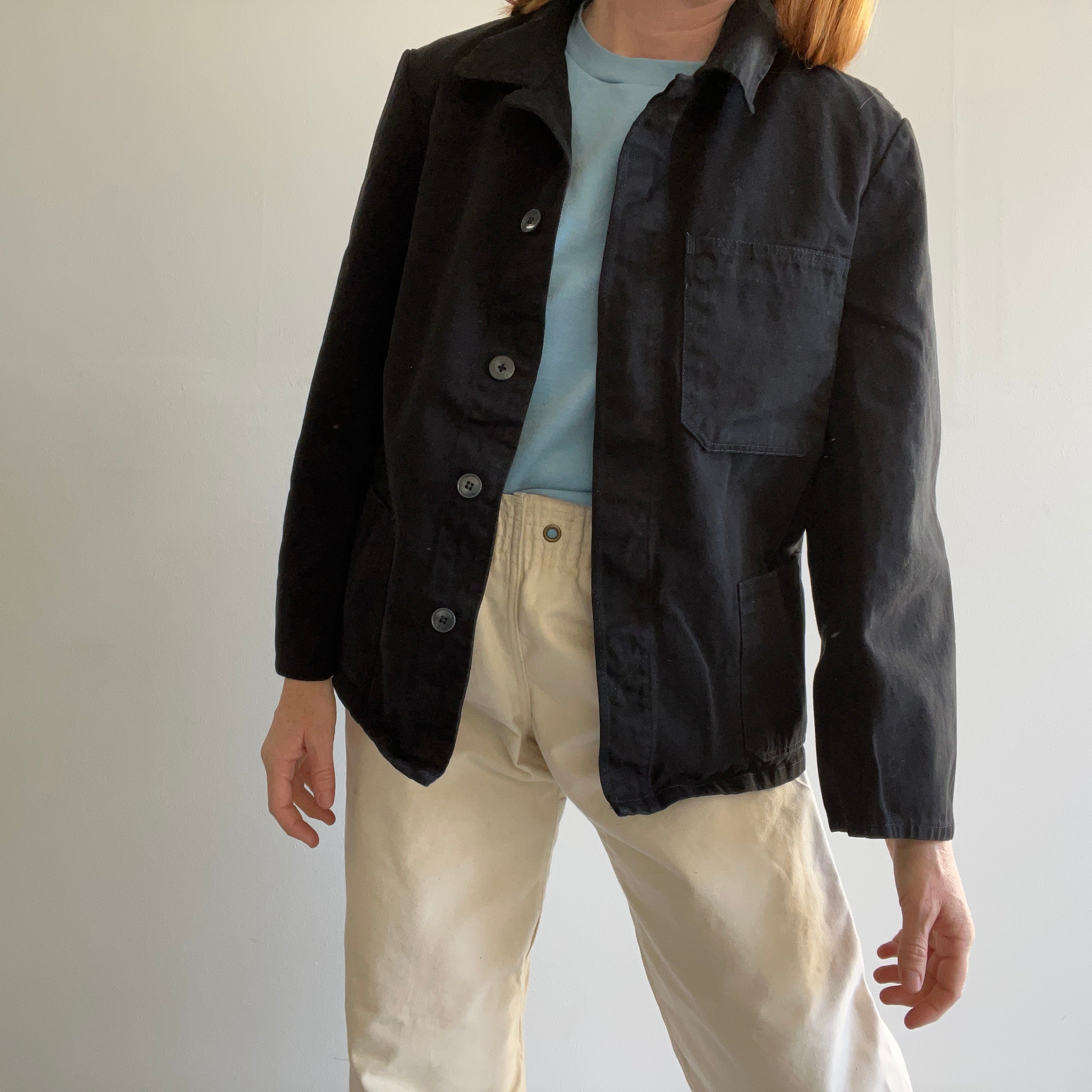 Manteau de corvée français européen en coton bleu surteint des années 1980