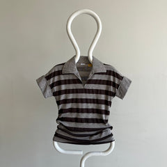 1970s FItted Gray and Black Striped Collared T-Shirt