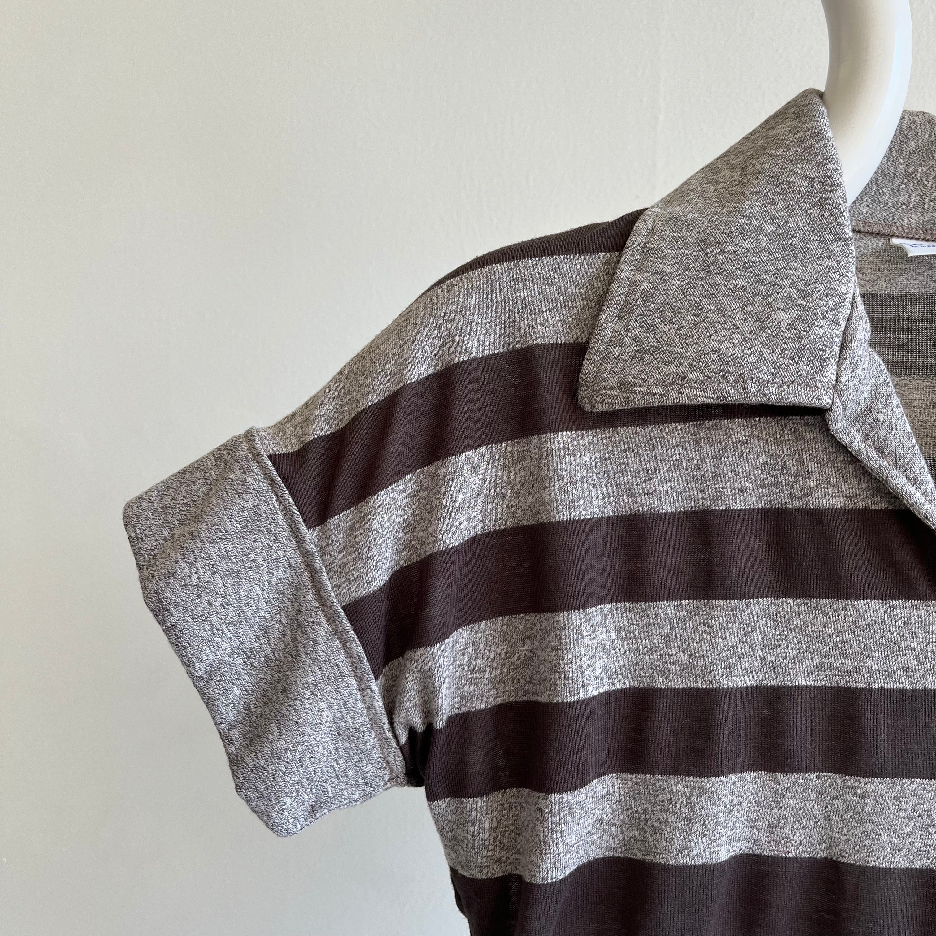 1970s FItted Gray and Black Striped Collared T-Shirt