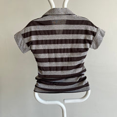 1970s FItted Gray and Black Striped Collared T-Shirt