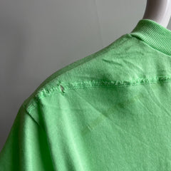 1980s Neon Green Mini T-Shirt with Mending and a Pocket