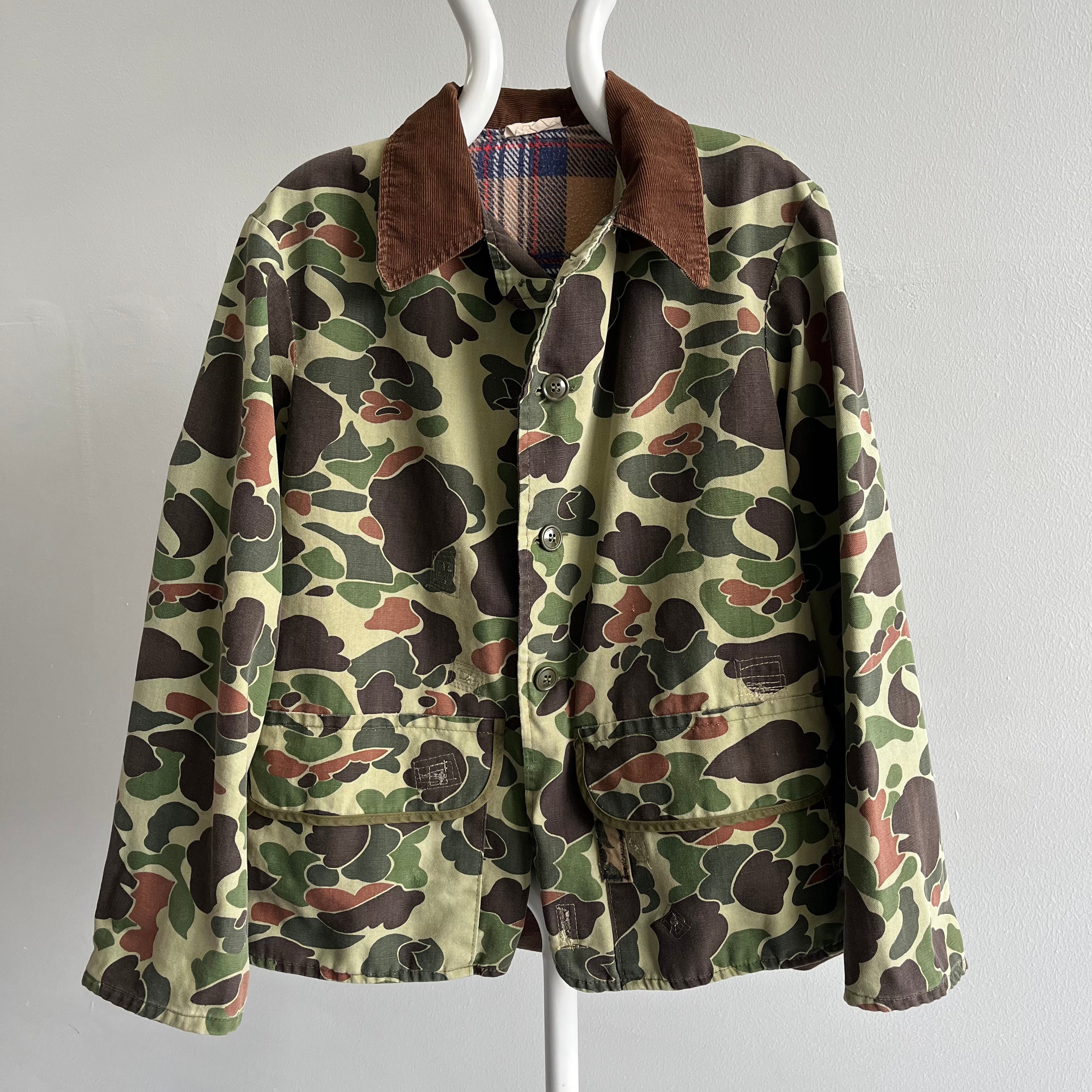 1970s Mended Epic Camo Duck Hunting Chore Coat with Plaid Lining