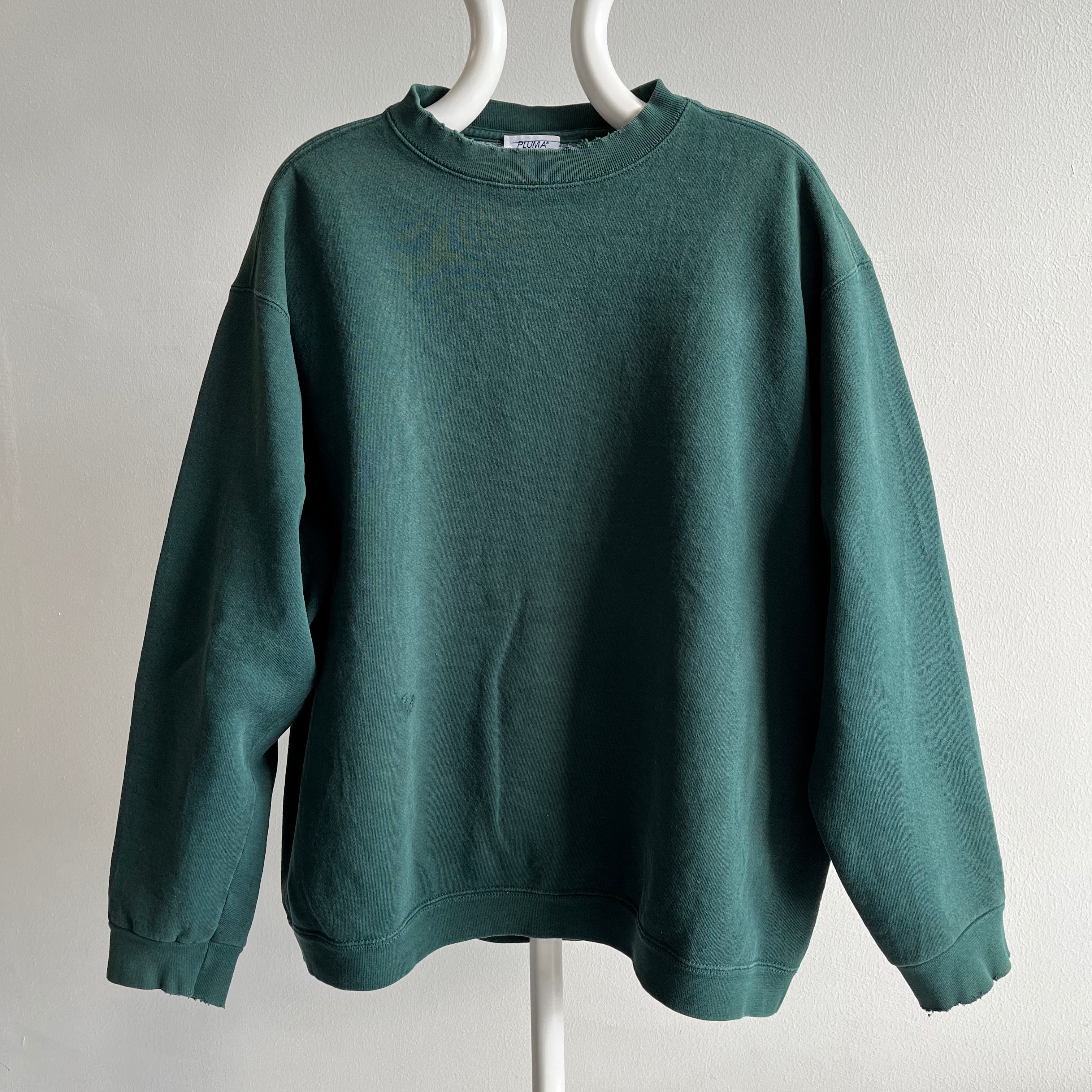 Sweat-shirt vert foncé épais des années 1990 avec raccommodage