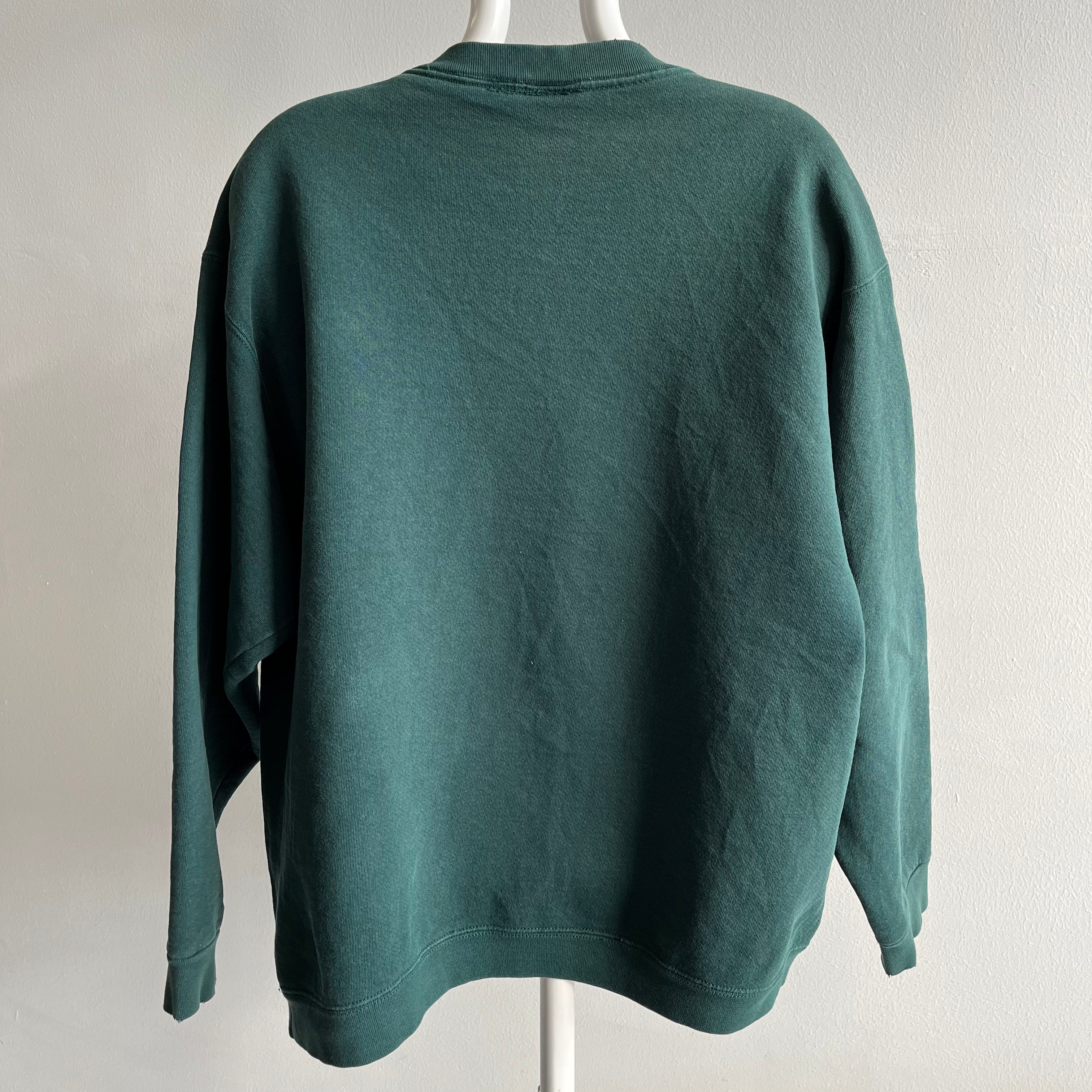 Sweat-shirt vert foncé épais des années 1990 avec raccommodage