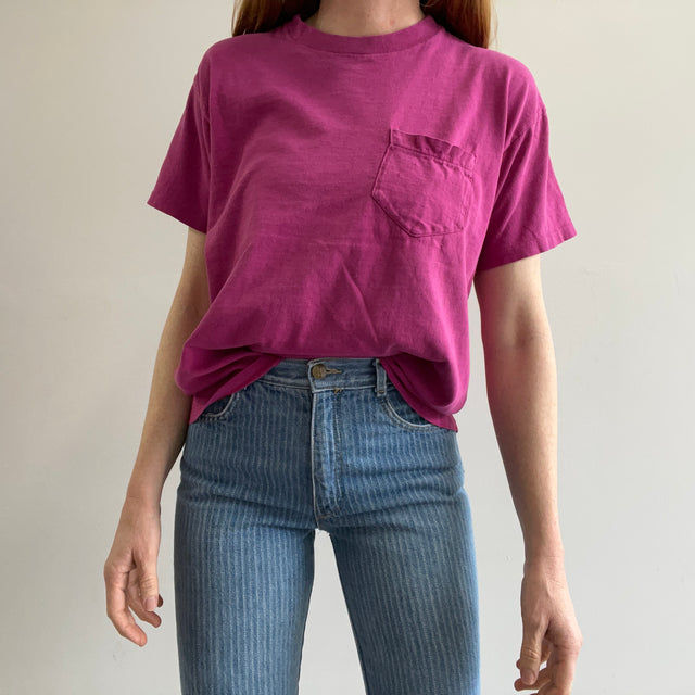 1980s Sun Faded Hot Pink Cotton Selvedge Pocket T-Shirt by Mervyn's !!!