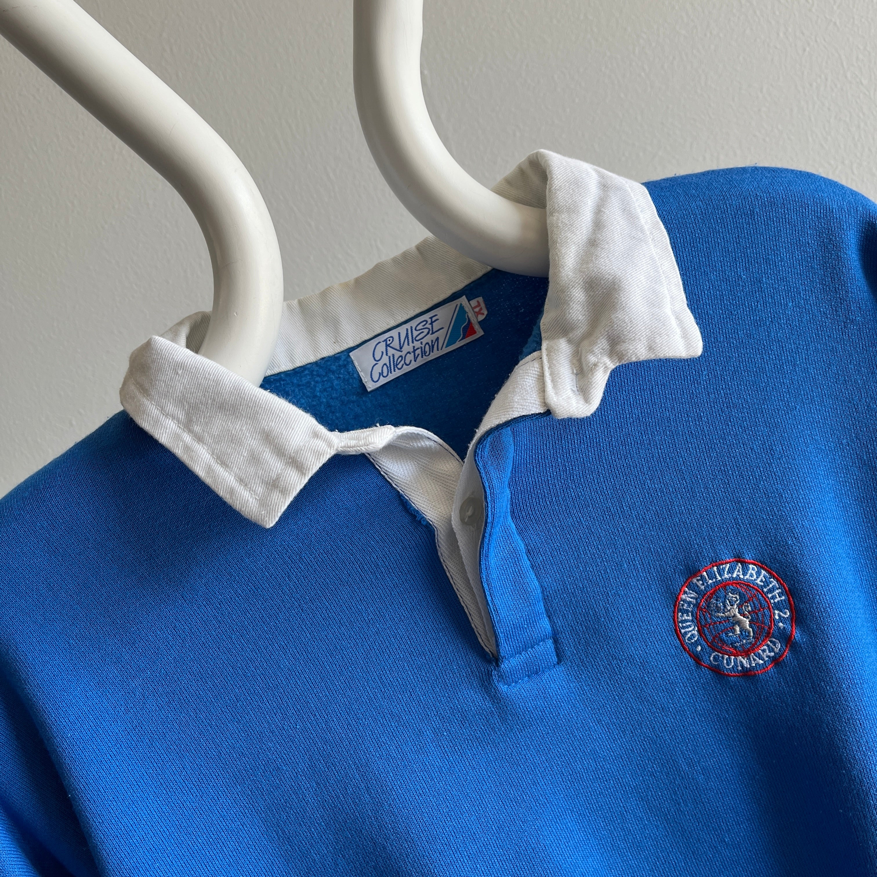 1980s Queen Elizabeth 2 Cunard Rugby Polo Sweatshirt - C'est un bateau de croisière