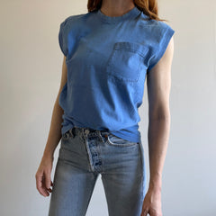 1980s Perfectly Tattered Sky Blue Pocket Muscle Tank - Dream Boat!