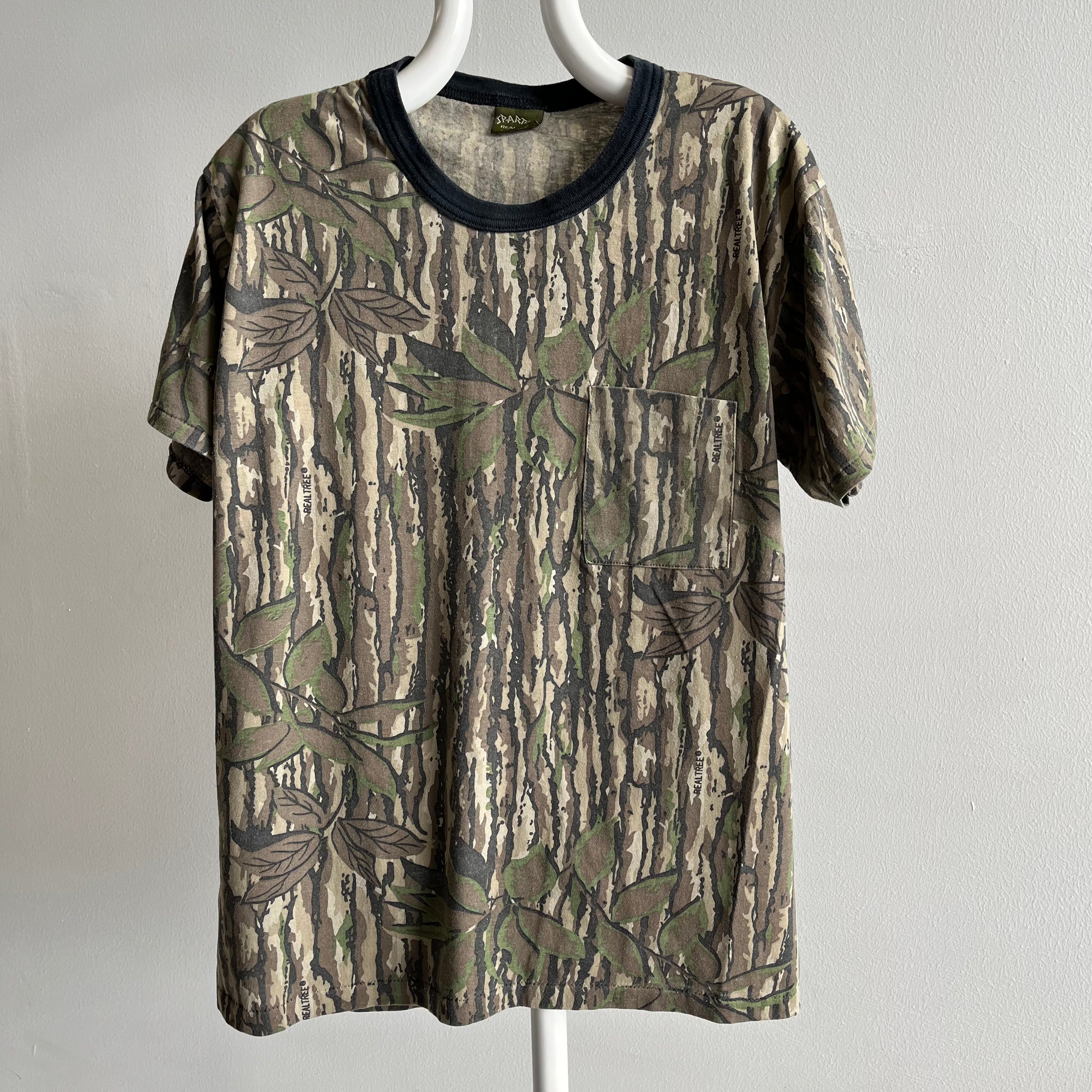 T-shirt camouflage Real Tree des années 1980/90 avec col roulé et poche