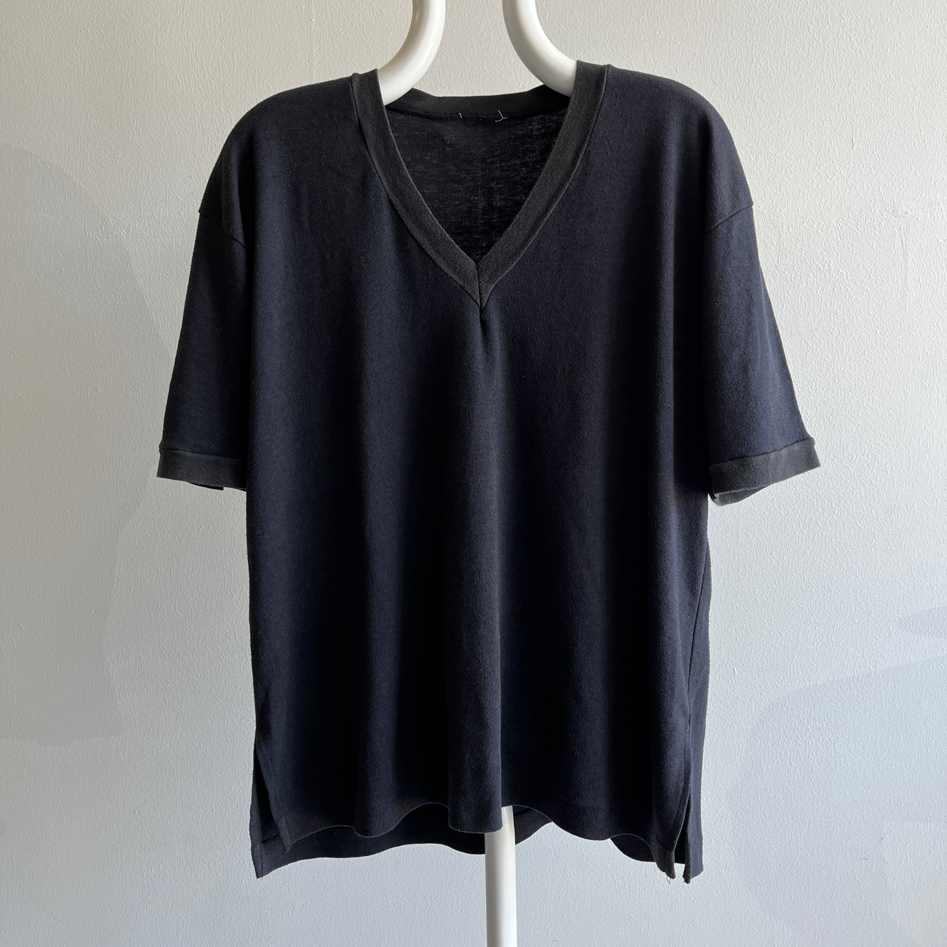 1980s Soft Knit Blank Black V-Neck T-Shirt