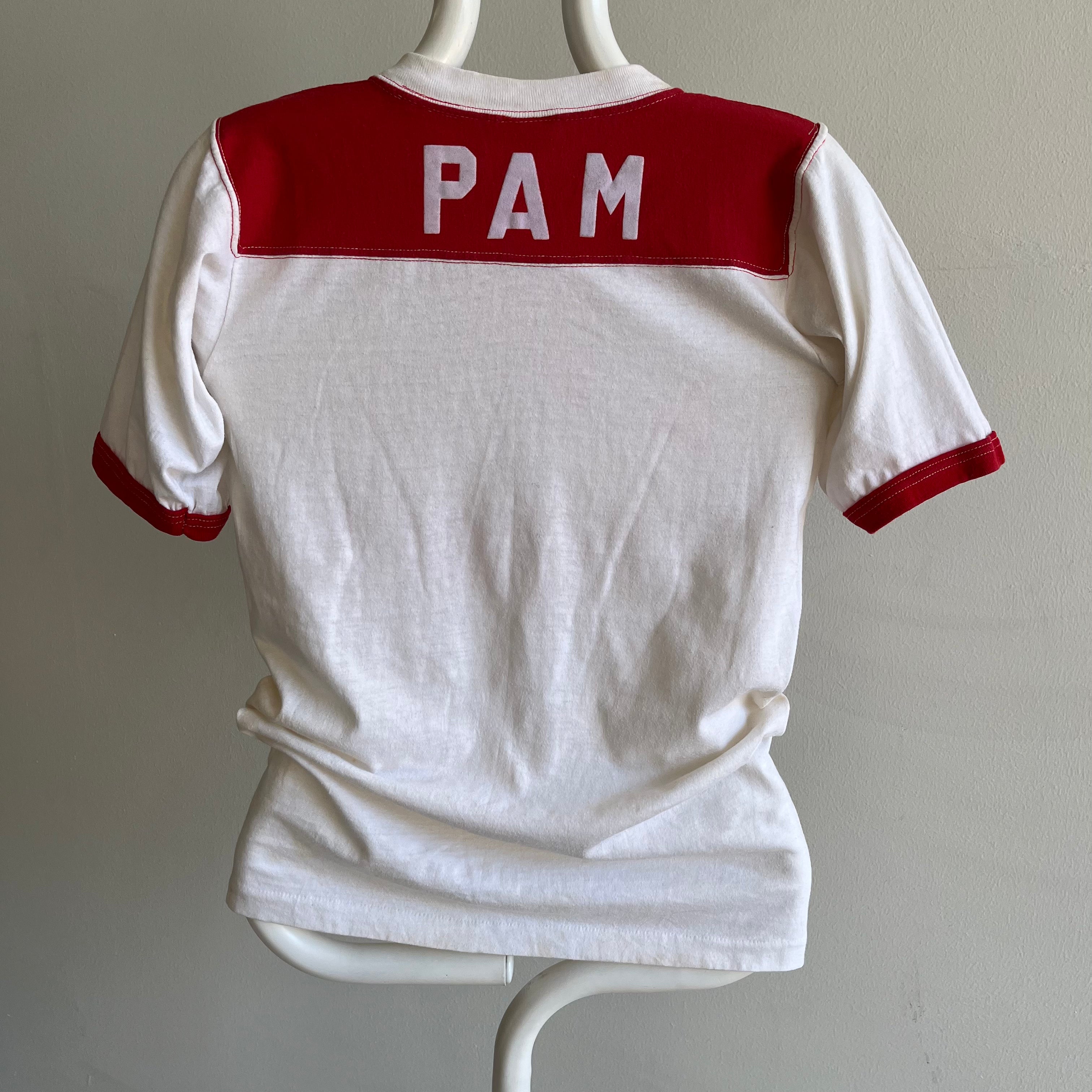 1970s DIY Varsity Manager (Pam on the Back) Football Style T-Shirt