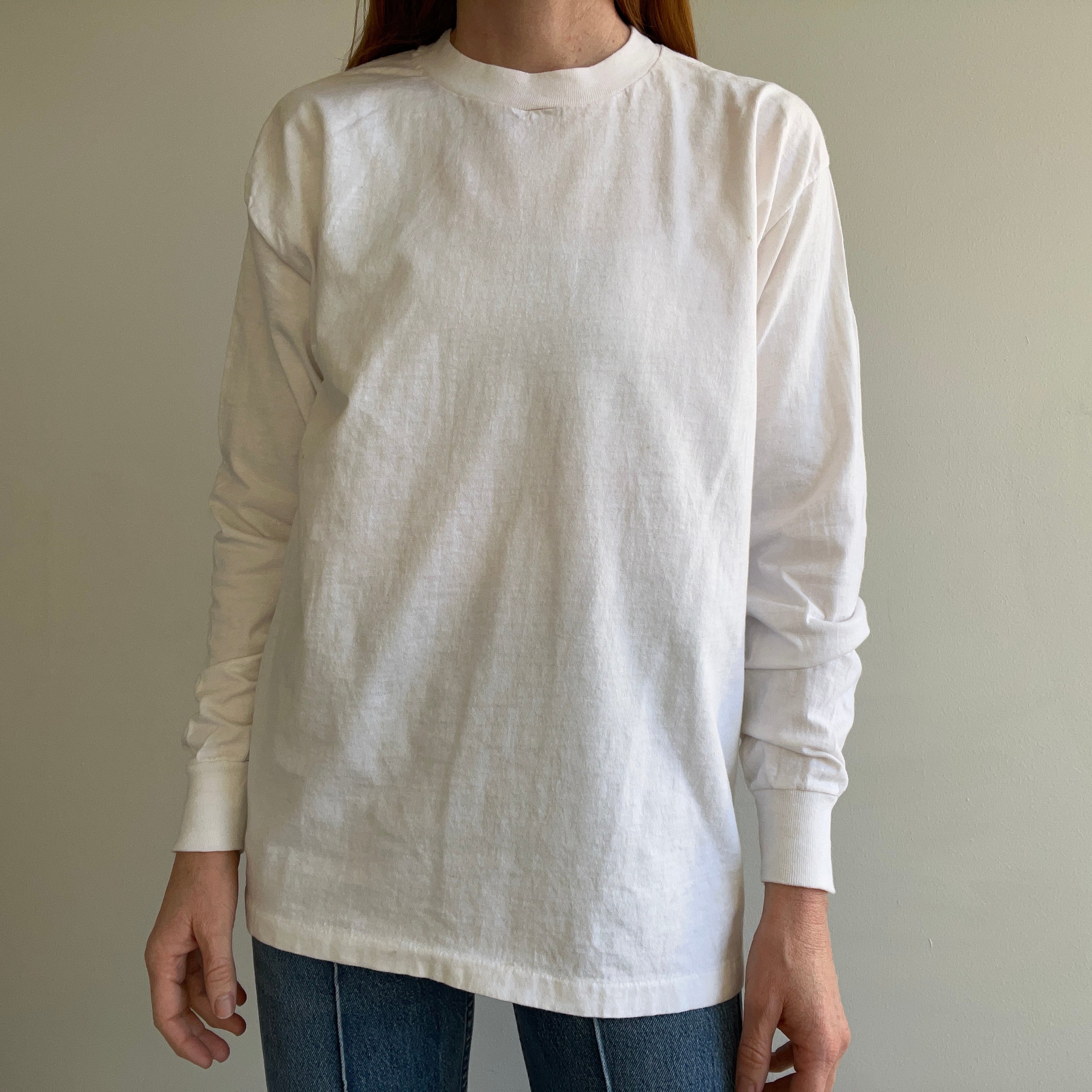1980s 3D Emblem Blank White Long Sleeve Cotton T-Shirt with Stains