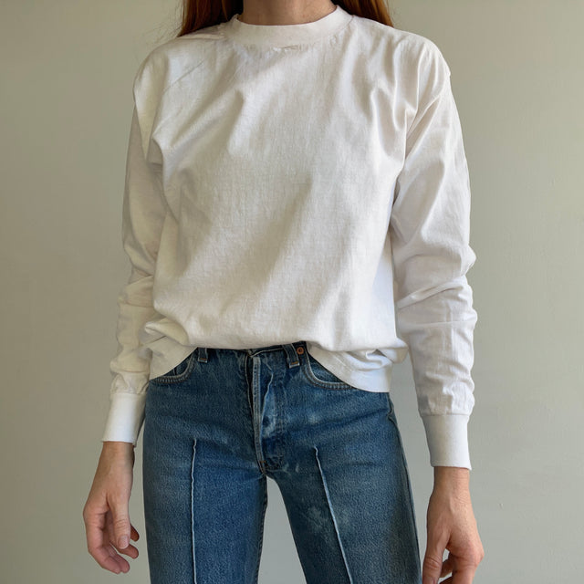 1980s 3D Emblem Blank White Long Sleeve Cotton T-Shirt with Stains