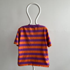 T-shirt de poche vierge orange et violet à rayures carrées des années 1990