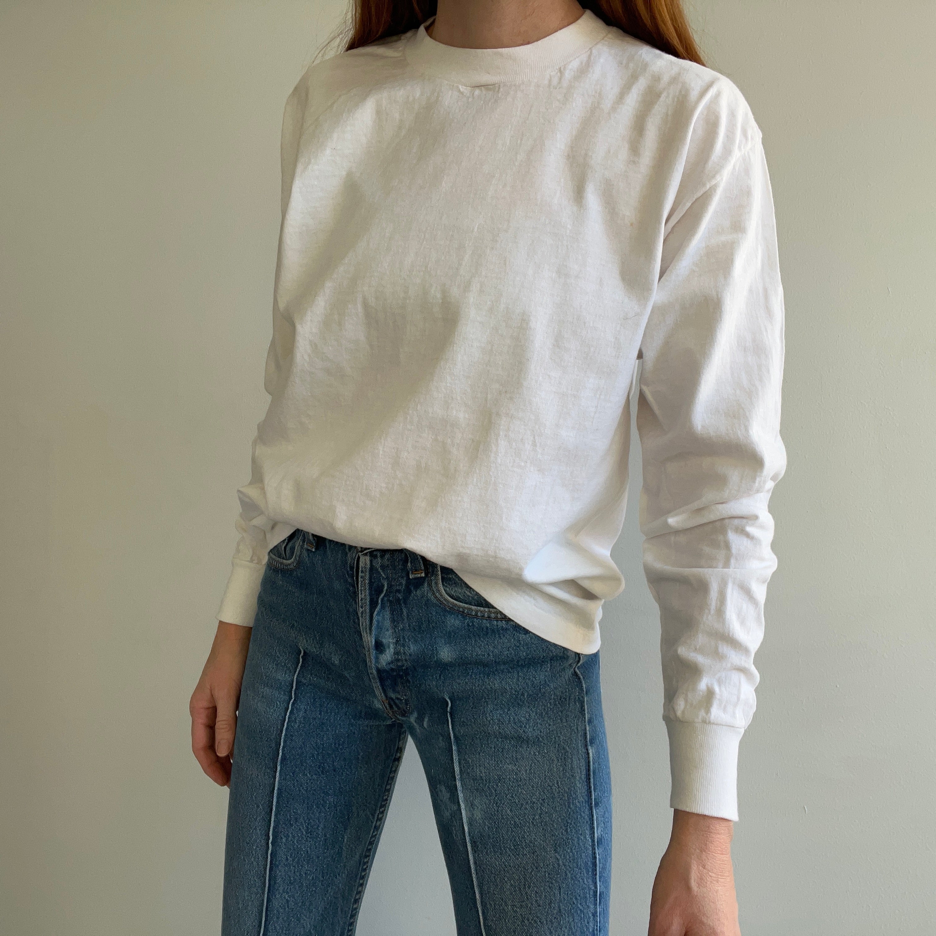 1980s 3D Emblem Blank White Long Sleeve Cotton T-Shirt with Stains